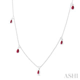 5X3 MM Pear Shape Ruby and 1/4 Ctw Round Cut Diamonds Precious Station Necklace in 14K White Gold