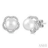 Flower Shape Pearl & Diamond Earrings