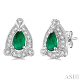 5x3 mm Pear Shape Emerald and 1/6 Ctw Round Cut Diamond Earrings in 14K White Gold