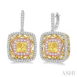 1 Ctw Round Cut White and Yellow Diamond Earrings in 14K Tri Color Gold