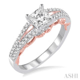 3/4 Ctw Diamond Engagement Ring with 1/2 Ct Princess Cut Center Stone in 14K White and Rose Gold