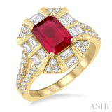 1 ctw Octagonal Shape 8x6MM Ruby, Baguette and Round Cut Diamond Precious Ring in 14K Yellow Gold