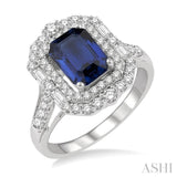 3/4 ctw Octagonal Shape 8x6MM Sapphire, Baguette and Round Cut Diamond Precious Ring in 14K White Gold